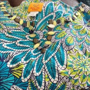 Ruby Rd. Women's Leaf Patterned Top in Green and Blue with Shark Tooth Hem